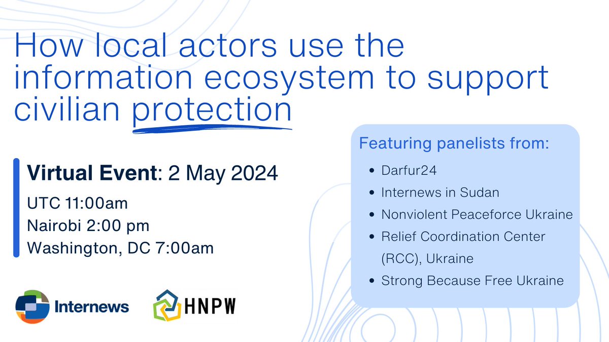 Join Internews virtually May 2 at #HNPW 2024 to explore the value of reliable information for communities in crisis & the broader nexus of information & protection 🤝

Learn more & Register: bit.ly/3w7zePu