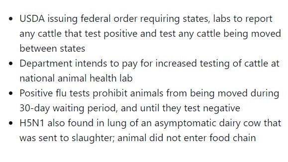 Multiple #H5N1 cattle outbreak updates from the U.S. department of agriculture pouring in through @Reuters, a few highlights below. Virus being found in the lung of an *asymptomatic* dairy cow is among the notable developments, alongside heightened testing efforts: