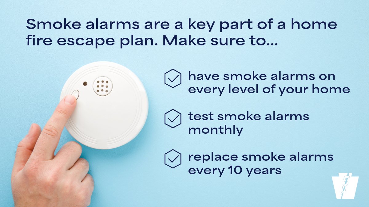 Smoke alarms are a key part of a home fire escape plan. When there is a fire, smoke spreads fast. Make sure that you have smoke alarms on every level of your home + test them monthly + replace them every 10 years.