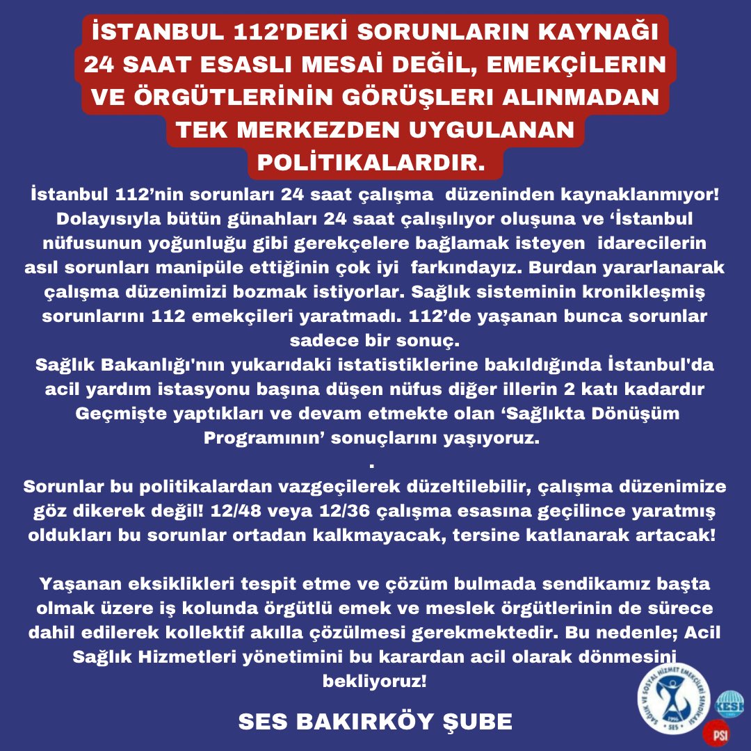 112 çalışma saatlerinde yapılması düşünülen değişikliklere dair açıklamamız.
 #112AlarmVeriyor