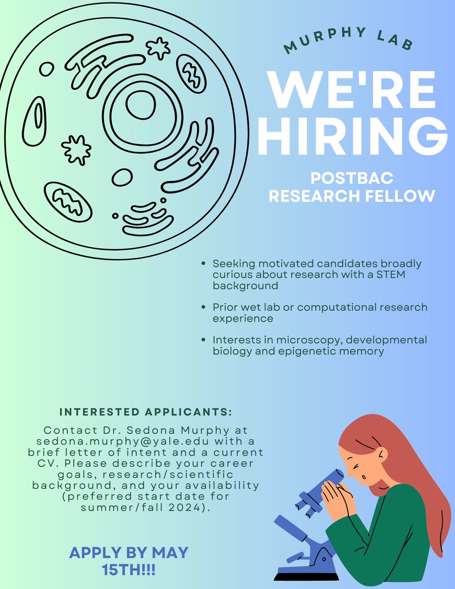 Seeking someone looking for a two-year postbac position to get my group up and running at Yale University! We will be utilizing chromatin tracing and other multiplexed imaging approaches to study the relationship between 3D genome organization and epigenetic memory in embryos!