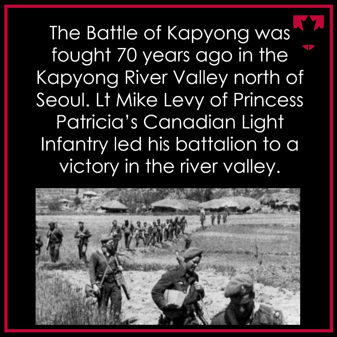 The Battle of Kapyong was fought 70 years ago in the Kapyong River Valley north of Seoul. Lt Mike Levy of Princess Patricia’s Canadian Light Infantry led his battalion to a victory in the river valley. #KoreanWar #CdnHistory
valourcanada.ca/military-histo…