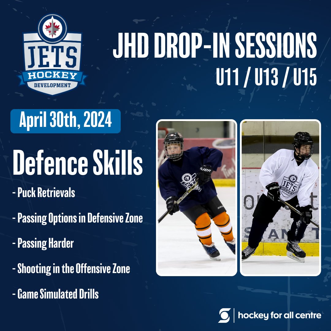 April 30th will be focusing on Defence Skills! 🏒

Join our JHD coaches for our U11, U13 and U15 drop-in programs each week!

Drop-Ins are $35 for an hour session with different topics every Tuesday!

For more information or to register: bit.ly/3UgVhez