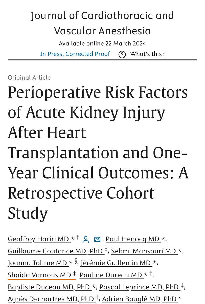 Just published in @JCVAonline: Peri-operative risk factor associated with #AKI after #Heart transplantation #HTx ⬆️BMI 🕐cold ischemia duration ➡️Level of intra-operative dobutamine ⚠️At one year, #AKI impact mortality after #Heart transplantation sciencedirect.com/science/articl…