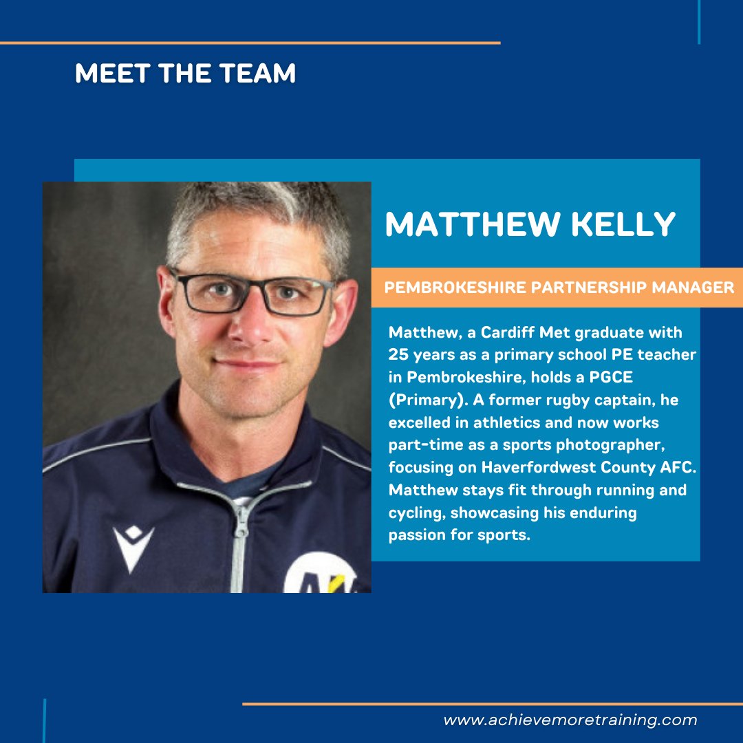 Meet Matthew Kelly!🌟   Cardiff Met grad, Pembrokeshire's trusted primary school PE teacher for 25 years, and proud PGCE holder.🎓 Former rugby captain turned sports enthusiast & part-time photographer for Haverfordwest County AFC 📸🏉🏃‍♂️   He enjoys running and cycling 💪…