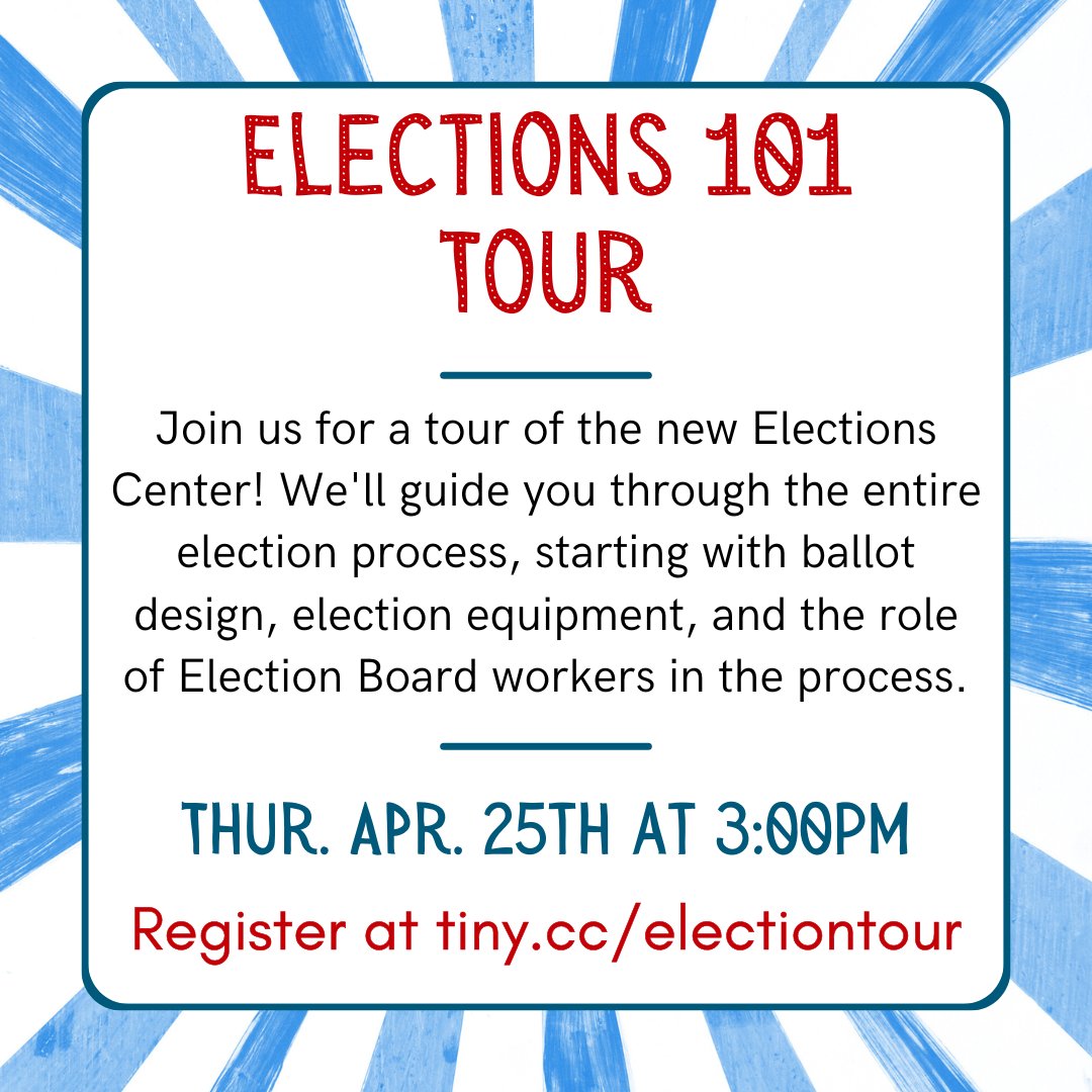 This Thursday join us for a tour of the new Elections Center!
Register at tiny.cc/electiontour