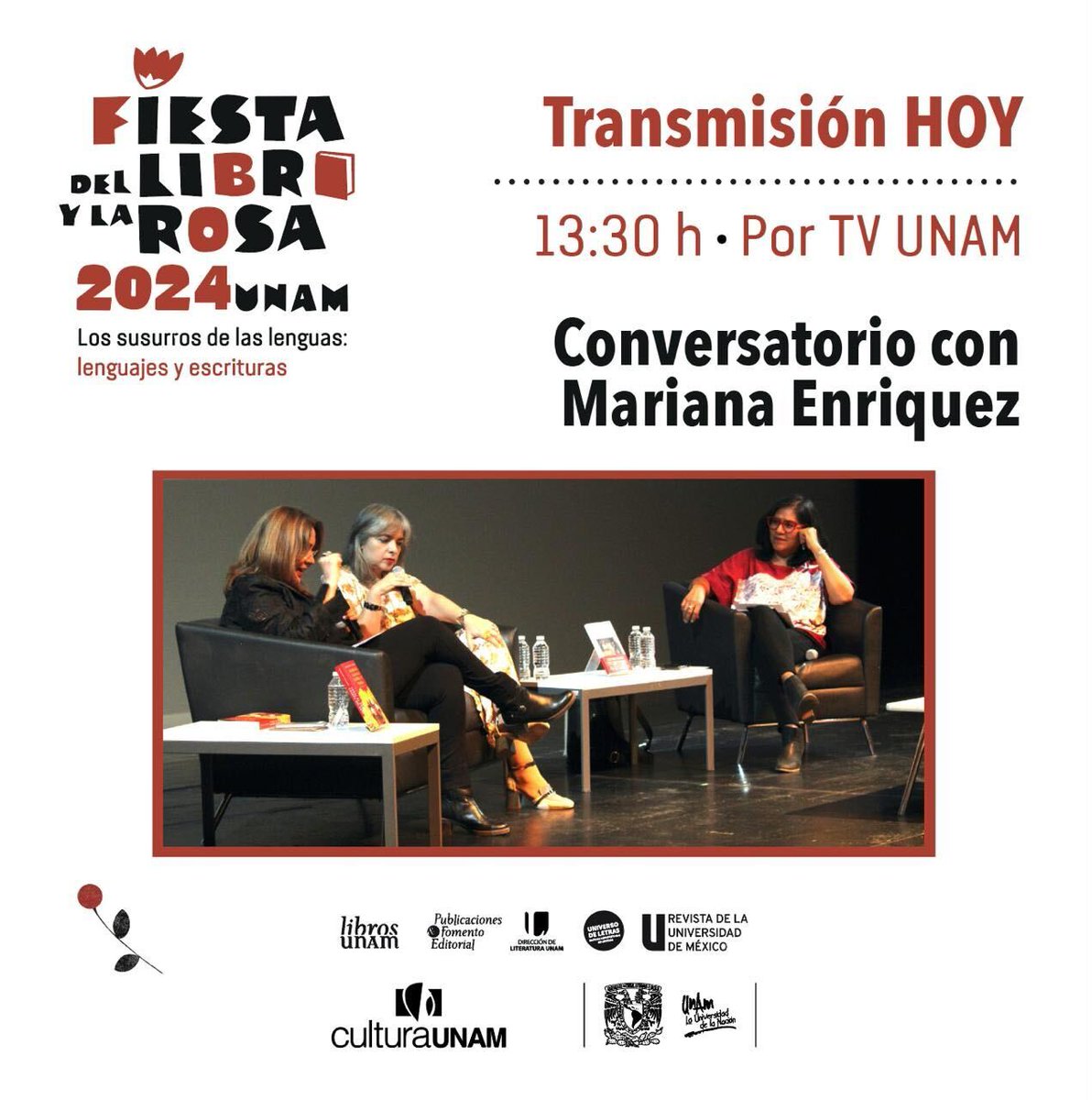 🔴 No te pierdas el día de hoy a las 13:30 h por @tvunam La conversación de Mariana Enriquez con @RosaBeltranA y @SocorroVenegas en la #FiestaLibroyRosa 👉 En este enlace lo puedes ver: bit.ly/4aQE4Qi #tvunam #Conversatorio