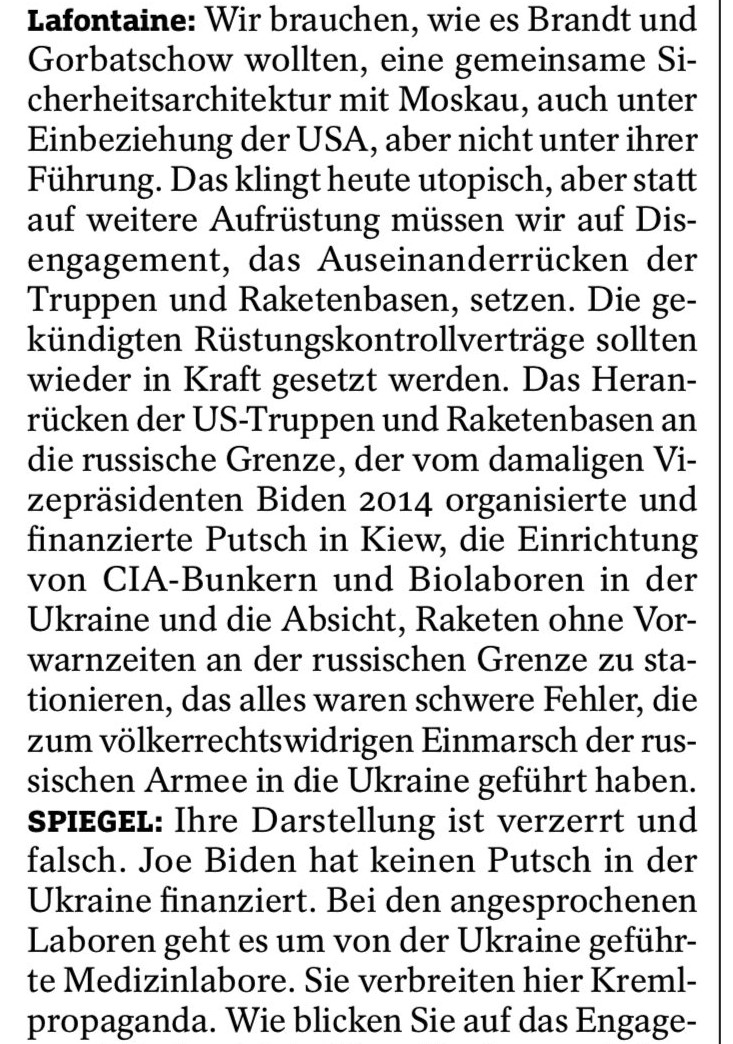 Eine deutsche 5%-Partei übrigens, die immer wieder durch die Verbreitung von russischer Propaganda und Verschwörungstheorien auffällt. Jüngstes bekanntes Beispiel: Lafontaine im Spiegel-Interview. #Wagenknecht