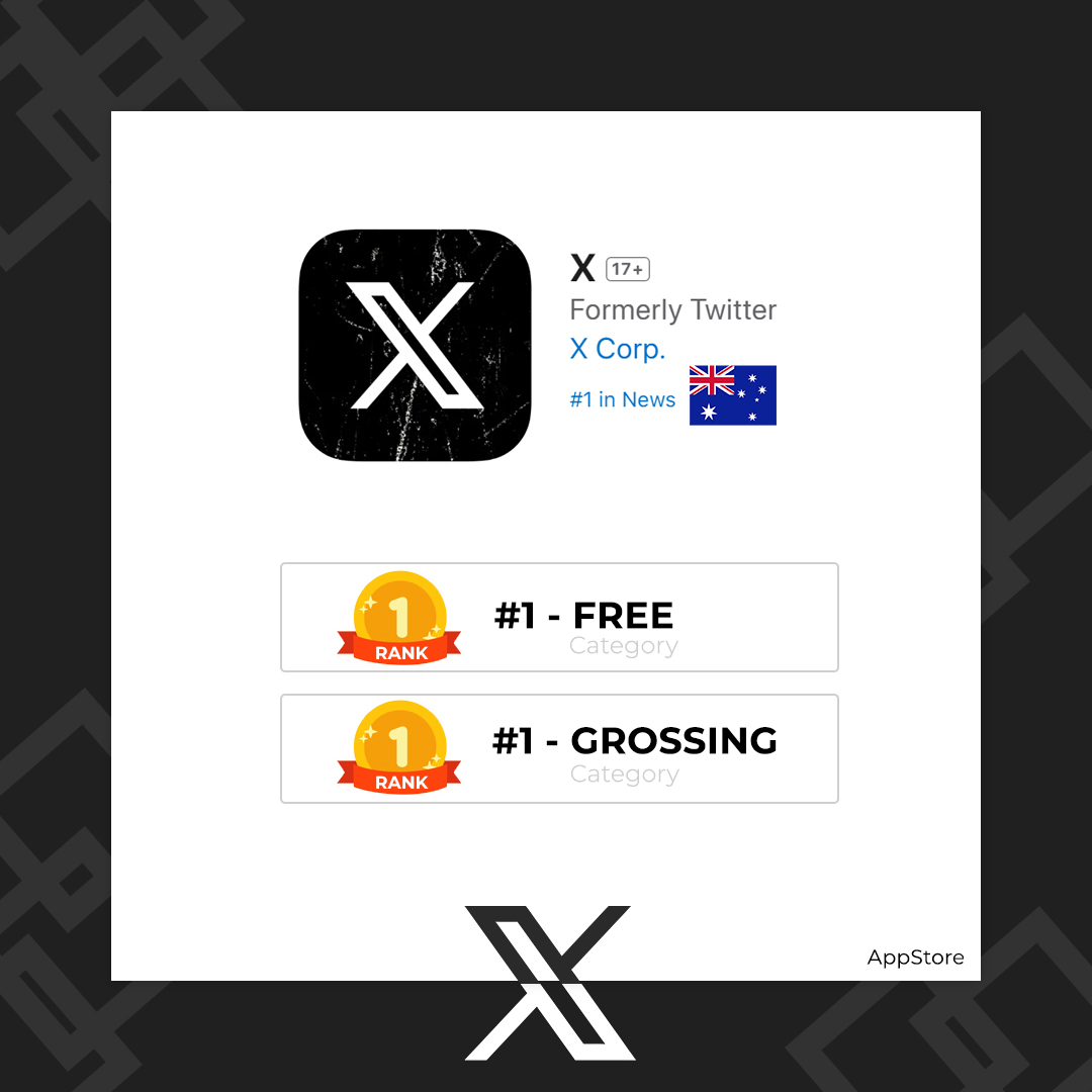 BREAKING: Just now, 𝕏 has taken the top spot as the #1 News App on the App Store in Australia in both the Free and Grossing categories. 🇦🇺