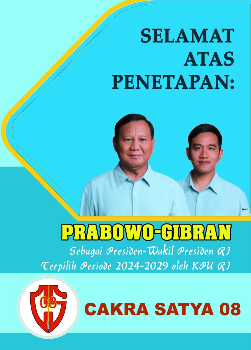 CakraSatya08's tweet photo. Selamat atas penetapan bapak @prabowo subianto dan mas @gibran_tweet Rakabuming Raka sebagai Presiden-Wakil Presiden RI Terpilih Periode 2024-2029 oleh @kpu_ri pada Rabu, 24 April 2024 di Kantor KPU RI, Jakarta.

#cakrasatya08 #cs08 #prabowo #gibran #joemarbun #pemilu2024 https://t.co/sFfI4WREQ5