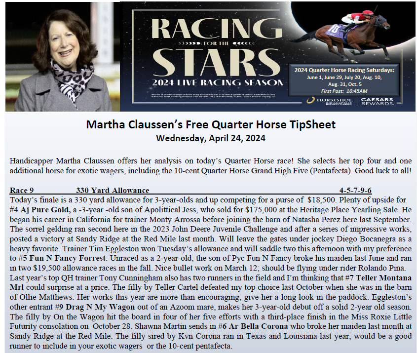 Today's tipsheets from @HSIndyRacing for @RacingRachelM @MrBAnalyst and QH Analyst @MarthaClaussen - First post at 2:10PM ET #racelikeacaesar @IndianaTOBA @IndianaHBPA @IndyTBAlliance @INThoroughbred