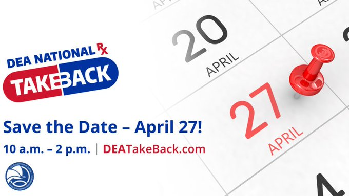 Mark your calendars! This Saturday, April 27th from 10am-2pm is #DEA #TakeBackDay, an event where you can safely dispose of any of your #expired, #unused, and/or #unneeded #prescriptions and #medications. Learn more by visiting: bit.ly/35JM1tL #DEANewJersey #DEADiversion