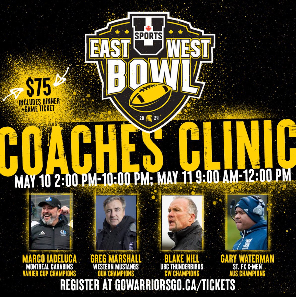 The @wloowsrriors and @wluathletics will be hosting the East West Bowl Coaches Clinic May 10th and 11th. Four conference Champion Head Coaches Greg Marshall (@westernuFB), Blake Nill (@ubctbirds), Gary Waterman (@StFXFootball) and the Vanier Cup Champion Head Coach Marco