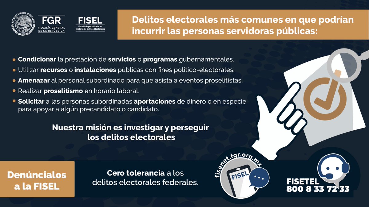 Te compartimos los delitos electorales más comunes en que podría incurrir las personas servidoras públicas 👇🏾 La misión de la FISEL es investigar y perseguir los delitos electorales. 🔒 Cualquier duda o comentario, comunícate al 📞 800 8 33 72 33. #DenúncialosEnLaFISEL