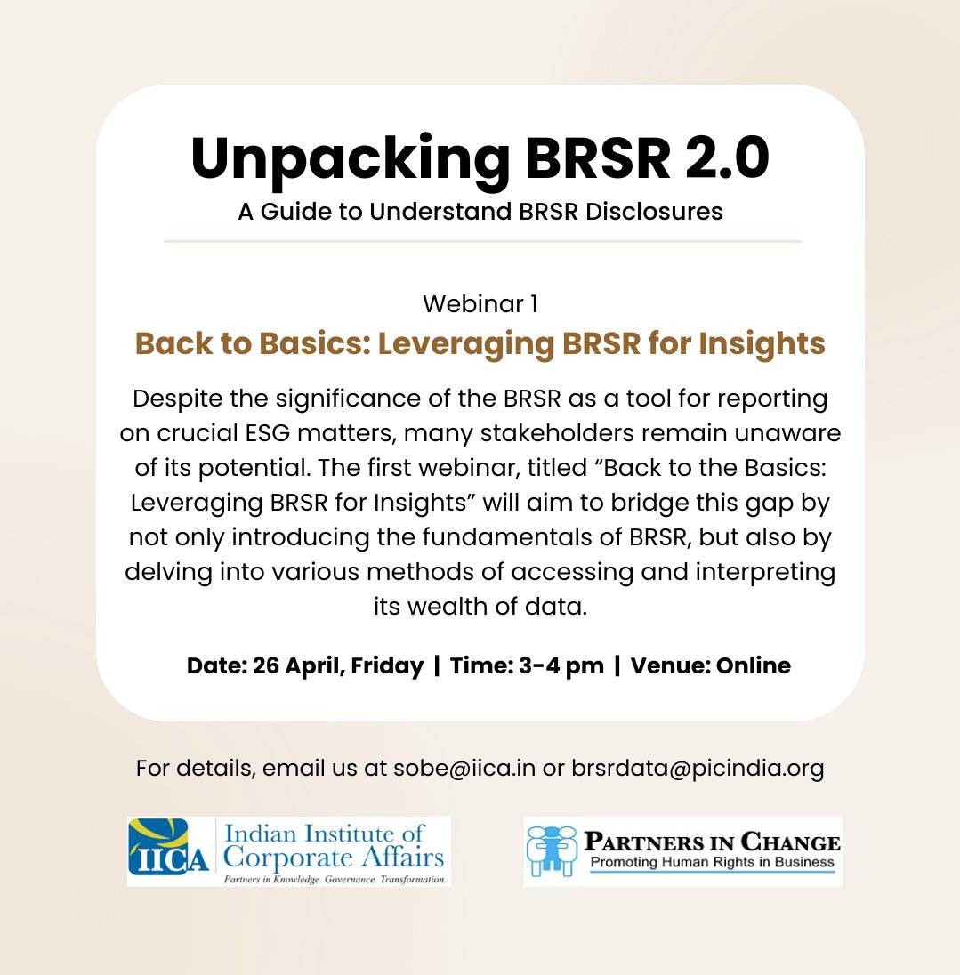 Drwing inspiration frm r physical workshop series of 2023 which was tailored for CSOs and cmty leaders, the 1st webinar in this series will xplore the potential of BRSR by introducing its fundamentals &amp; diff methods of accessing d availabl data
Register nw:forms.gle/YKErQ3jor3RU5F…
