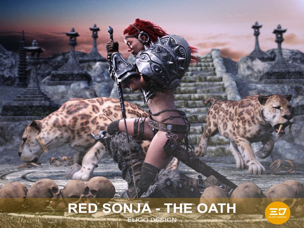 EDVisualArt's tweet photo. The Oath - Model Victoria 9 + DAZ Big Cats 2 #redsonja #bigcats #sabertooth #skull #bones #armor #madewithdaz #daz3drender #daz3dart #swordandsorcery #femalewarrior #warrior #3dcharacter #fantasyart #digitalart #3dart #3dartwork #fanart #oath 🚫NoAi https://t.co/hev13jNOT1