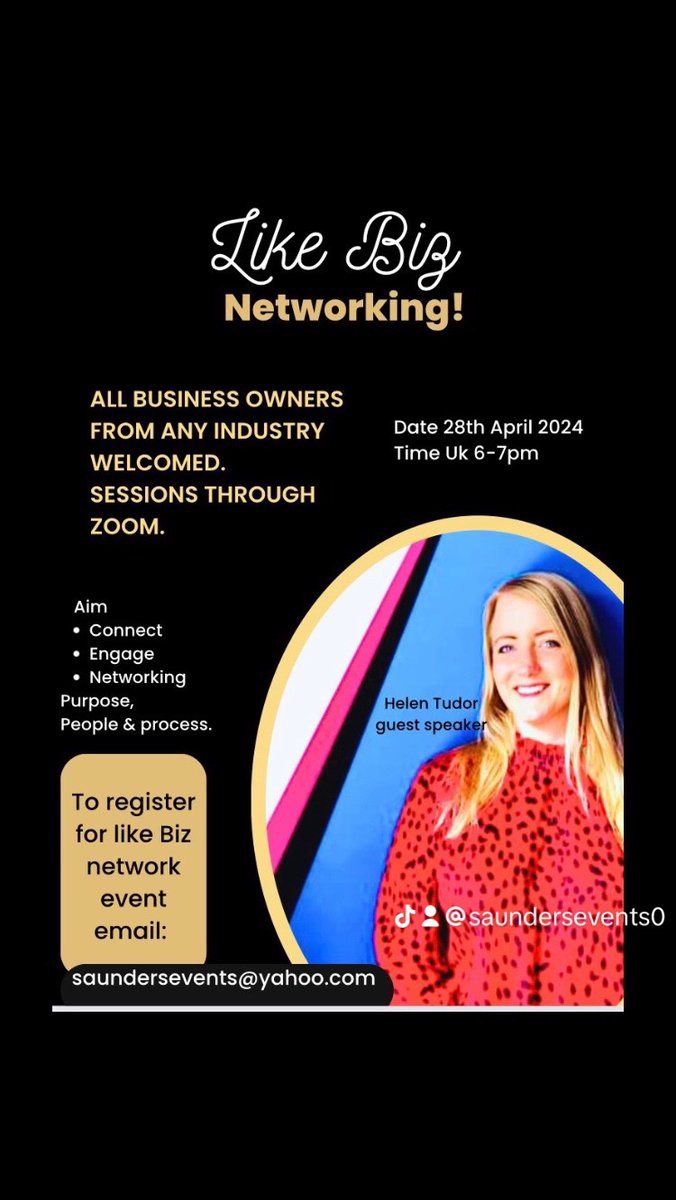 Join our online business networking event. Our special guest speaker: Helen Tudor!

💷Do you want sales?
📍New leads
📆Put it in your dairy no excuses.

If you want to find out more about how to get leads through LinkdIn then tune in.

To register email: saundersevents@yahoo.com