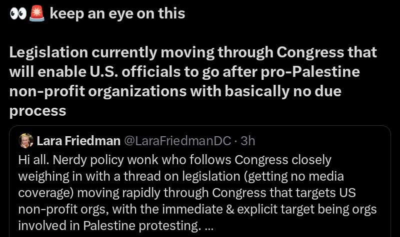 It really says a lot about what #Congress thinks about its own #constituents. #American #Voters can't have #UniversalHealthCare get pushed through Congress THIS FAST but Congress can act on #punishing #ProPalestinian #nonprofit organizations so quickly that it makes your head…