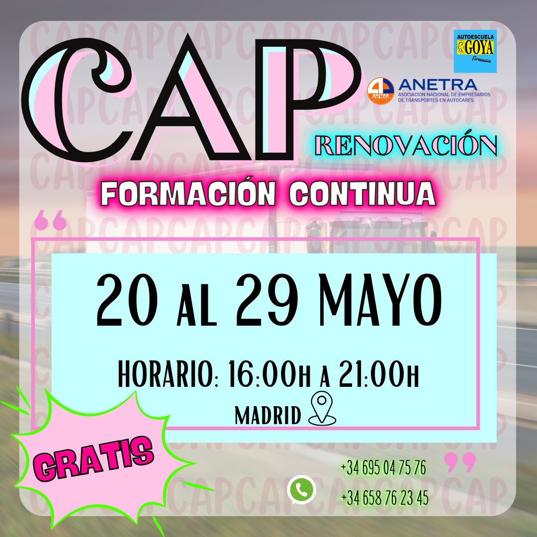 CAP RENOVACIÓN Del 20 al 29 de Mayo, Madrid. HORARIO: 16:00 - 21:00 Más información en: +𝟑𝟒 𝟔𝟗𝟓 𝟎𝟒 𝟕𝟓 𝟕𝟔 / + 𝟑𝟔 𝟔𝟓𝟖 𝟕𝟔 𝟐𝟑 𝟒𝟓, + 𝟑𝟒 𝟗𝟏 𝟑𝟖𝟏 𝟒𝟖 𝟖𝟐 Apúntate, ¡es 𝒈𝒓𝒂𝒕𝒖𝒊𝒕𝒐! #ComunidaddeMadrid #Viajeros #Mercancias #CAP #Madrid #Conductores