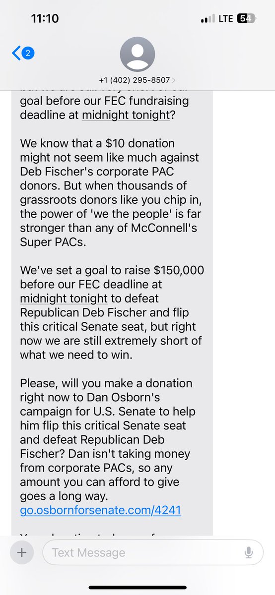 JeremiahCulwell's tweet photo. @Apple @OsbornForSenate Text number 485969473 I’ve received from the @OsbornForSenate campaign. Does the @FCC have any authority here? https://t.co/D5pRF1sGP0