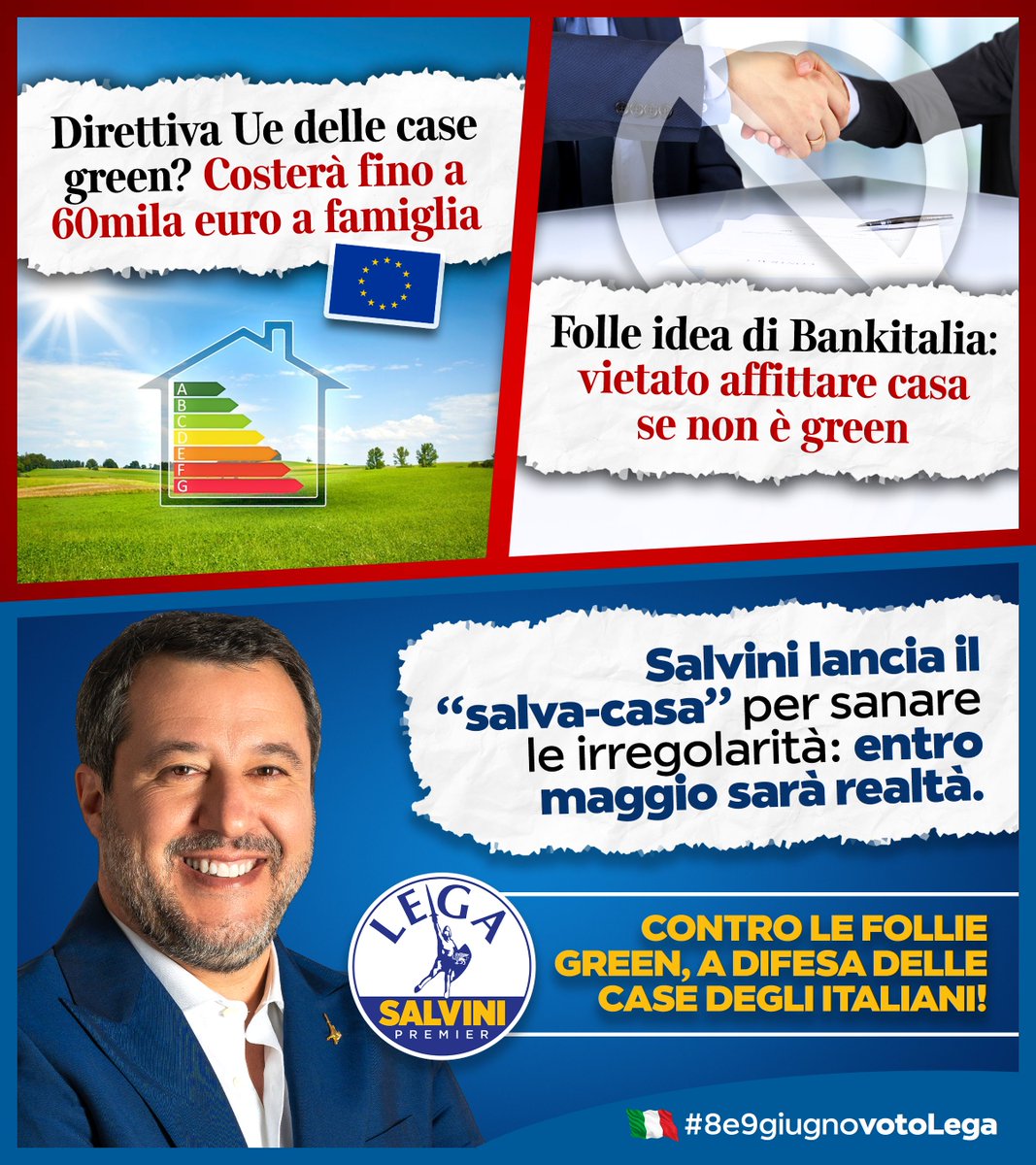 Dopo i costi astronomici di "adeguamento" mancava il divieto di affittare se la casa non è "green"... Ma stiamo scherzando?
Di eco-follie "obbligatorie" ne abbiamo le tasche piene, per essere gentili!

Un voto alla Lega è un voto contro questi progetti sconsiderati: le case degli