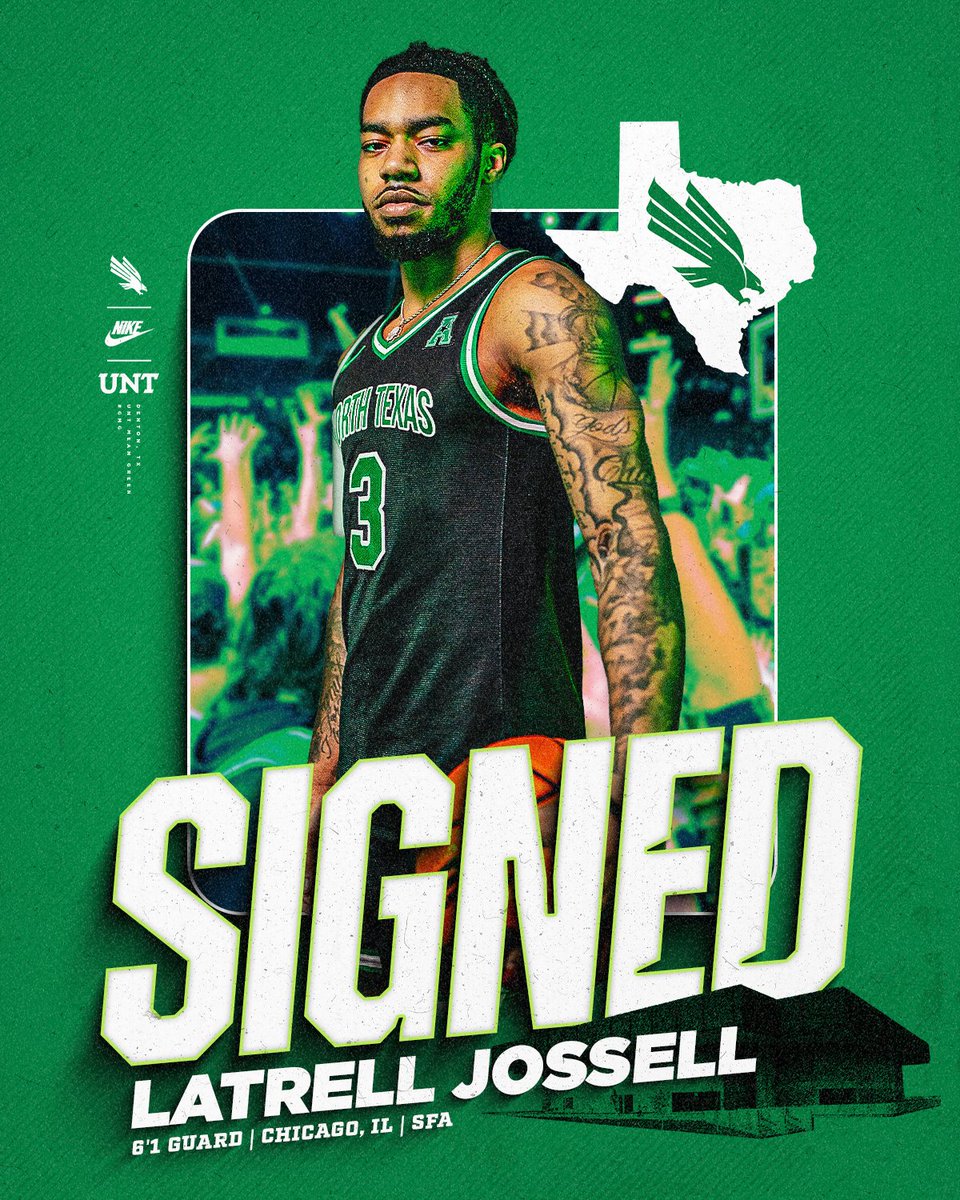 𝐎𝐟𝐟𝐢𝐜𝐢𝐚𝐥𝐥𝐲 𝐒𝐢𝐠𝐧𝐞𝐝 ✍️ @Latrelljossell4 Mean Green Nation, please join us in welcoming Latrell! 🟢 1K career points & 195 career 3FGs 🟢 100 career games played 🟢 Conference champion 📝 northtex.as/3Qgwbv0 #GMG