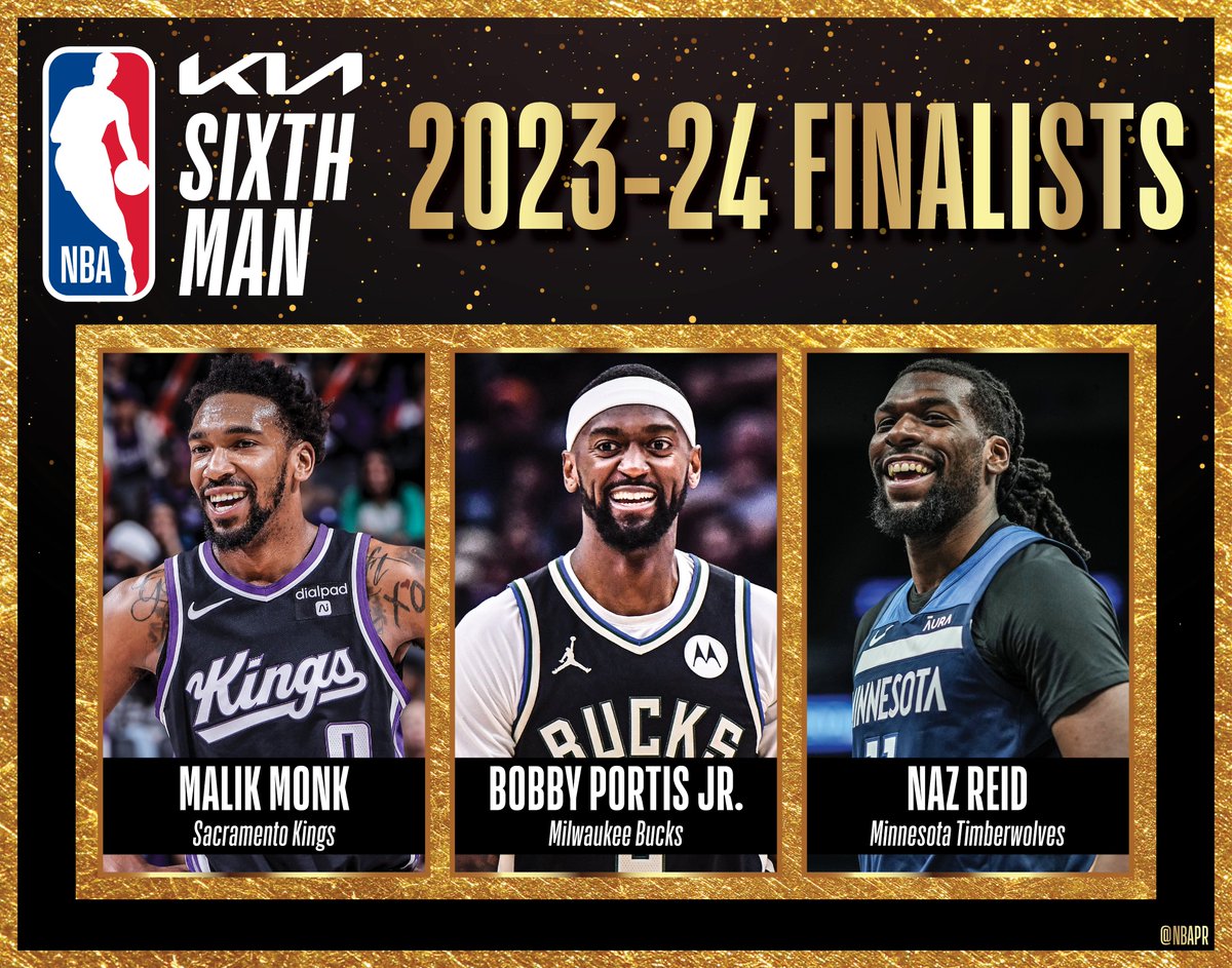 The 2023-24 Kia NBA Sixth Man of the Year will be announced tonight on @NBAonTNT at 6:30 PM ET. The three finalists: ▪️ Malik Monk of @SacramentoKings ▪️ Bobby Portis Jr. of @Bucks ▪️ Naz Reid of @Timberwolves Tune in for the reveal and interview with the winner.