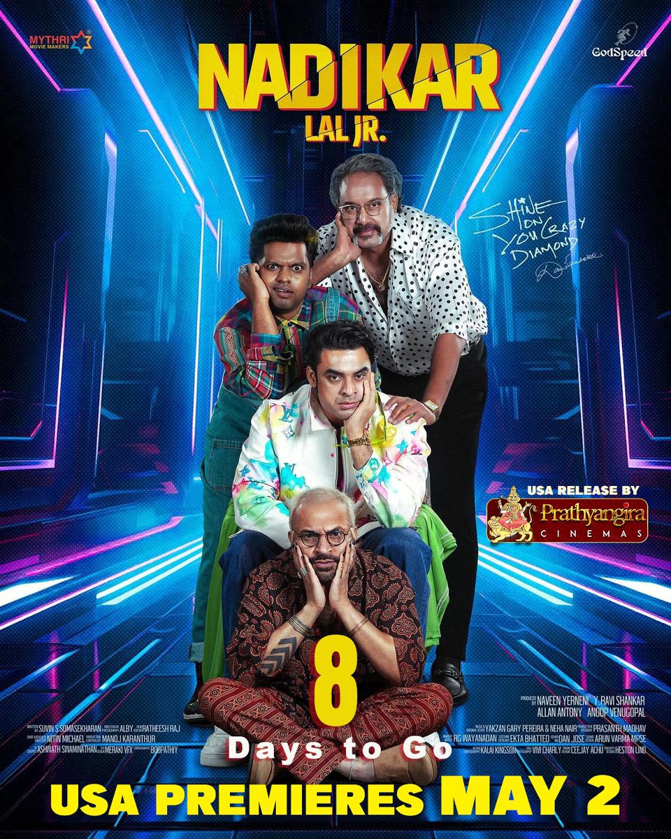 It’s almost showtime 😎 #Nadikar is coming to you in 8 Days ❤️‍🔥 #ShineOnYouCrazyDiamond @ttovino @SoubinShahir @Godspeedoffcl @IamLalJr @thinkmusicindia @kjobkurian @Truthglobalofcl @MythriOfficial