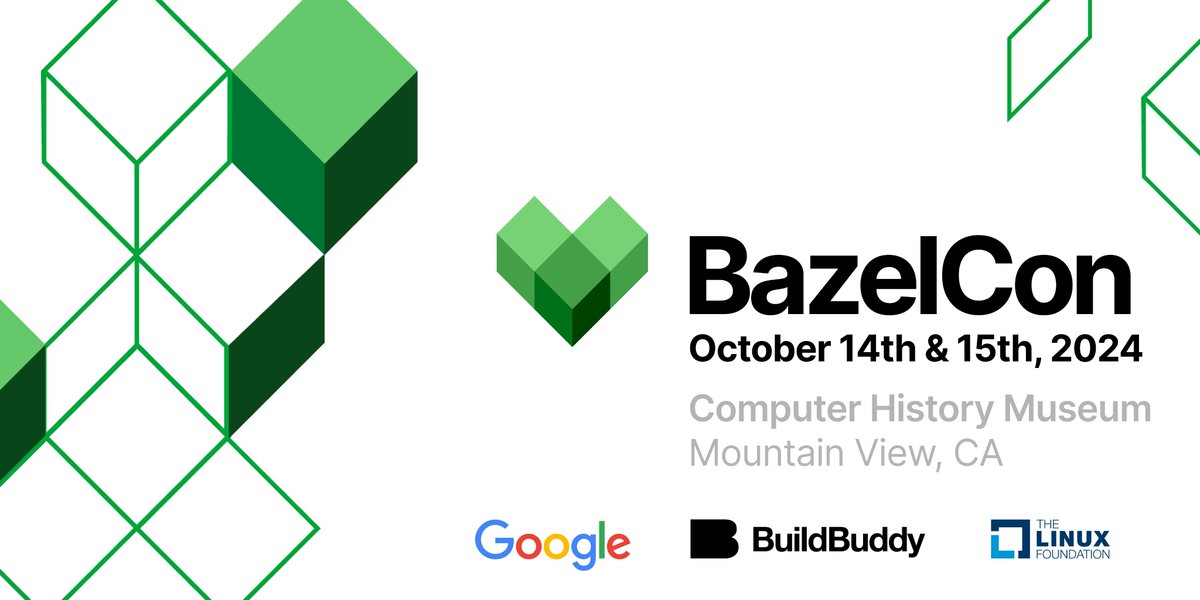 Save the date! @Buildbuddy_io is partnering with @Google, The @LinuxFoundation, and the @BazelBuild community to sponsor this year's Bazelcon! Dates are October 14th & 15th at the @ComputerHistory Museum in Mountain View. CFP will be open May 15 - June 30. Hope to see you there!