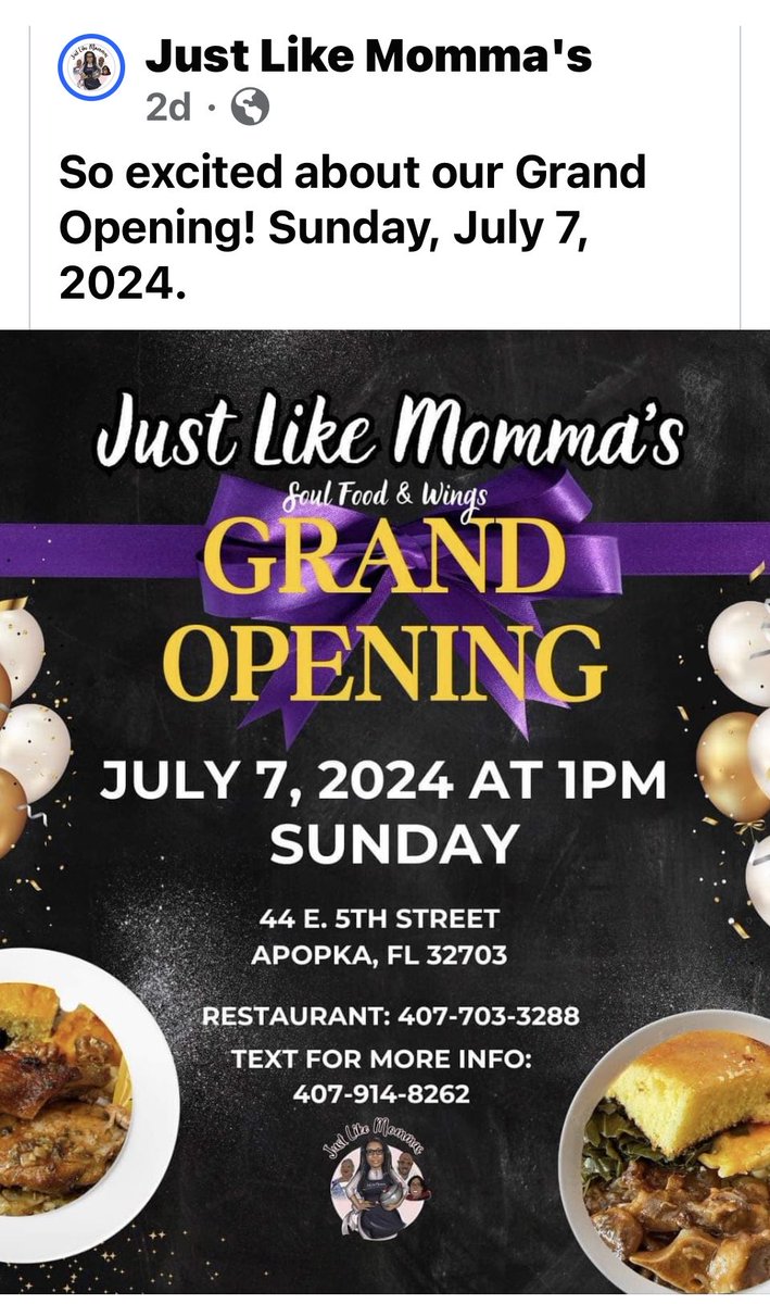 Opening alert in July in Apopka. Soul Food