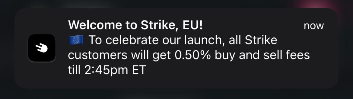 Welcome to Strike, Europe! 🇪🇺 To celebrate, we've enabled 0.5% fees for everyone from now until 2:45PM EDT 🥳 Check your app and get to stacking sats! We're thrilled to serve you and build a better future with #bitcoin together 🫂🫡