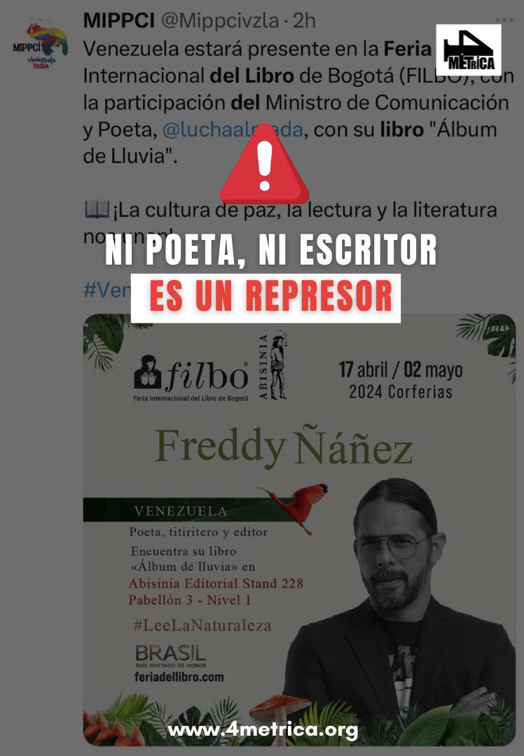 🚨🇻🇪 Denuncia 🇨🇴🚨 ⚠️ #FILBO2024 🧐‼️En el marco de la Feria Internacional del Libro de Bogotá (@FILBogota ), un evento que celebra la diversidad cultural y el libre intercambio de ideas, hacemos un llamado a todas y todos los asistentes a tomar una postura de conciencia y