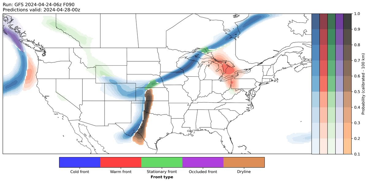 andrewjustinWX's tweet photo. Predicted front positions for the next 4 days of severe weather (Thursday-Sunday) https://t.co/Btn4L40K3c