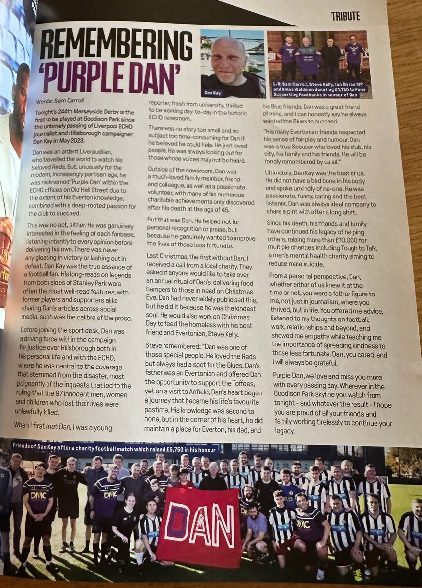 An honour to pen a tribute to <a href="/dankay/">Dan Kay 💙</a> for the #EFC programme ahead of the first Goodison Park derby since Dan passed.

Dan, you really were the best of us and we miss you. You were a role model to me and always will be.

Thank you to the media team <a href="/Everton/">Everton</a> for arranging💙