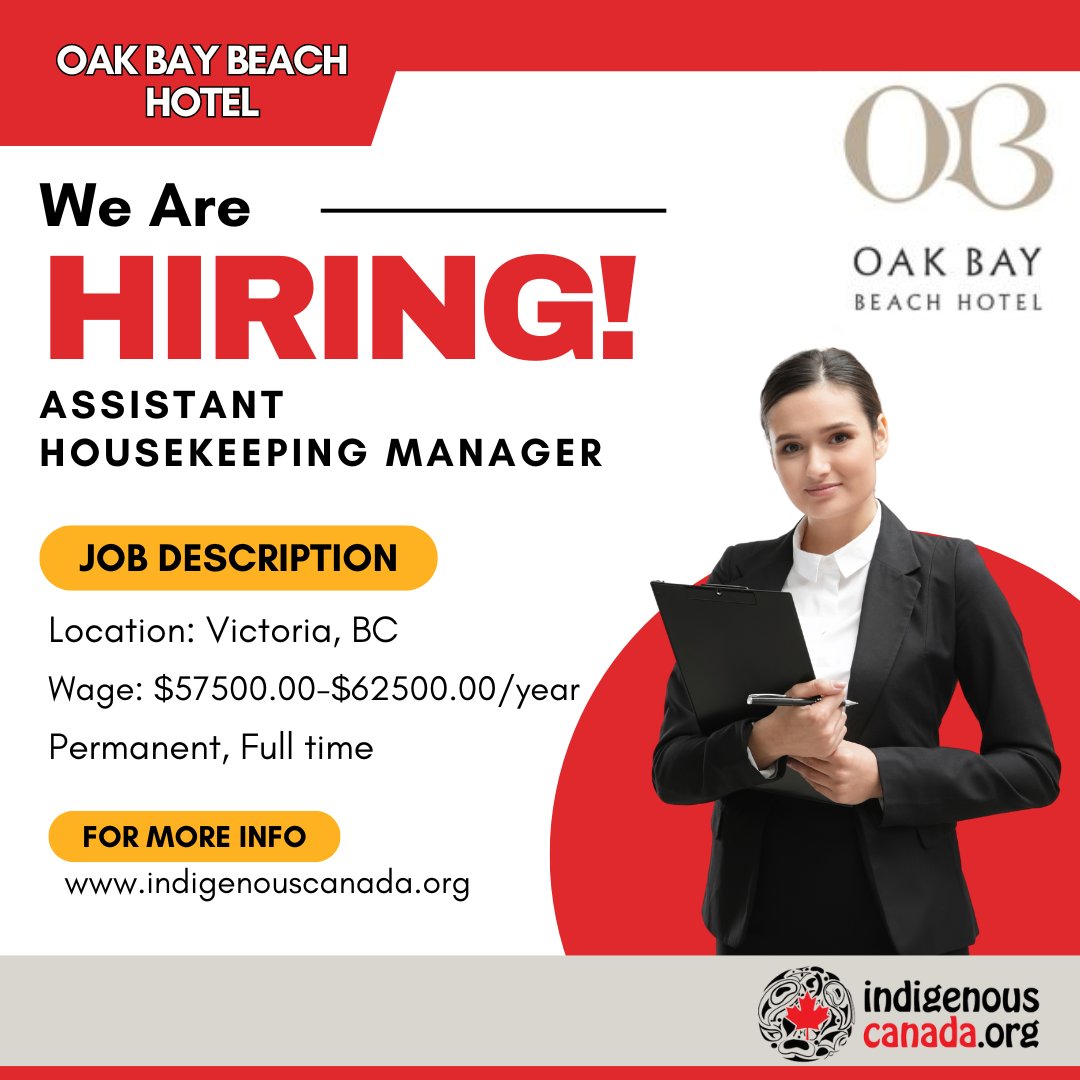 🔔 New Job Posting 🔔

Oak Bay Beach Hotel located in 📍Victoria, BC is looking for an Assistant Housekeeping Manager to join their team!

For more information go to 👇
indigenouscanada.org/listing-jobs/o…

#jobseekers #jobsearch #workincanada