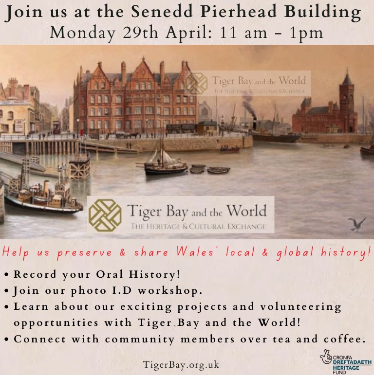 📢FREE EVENT! ⏰Monday 29th April, 11am-1 🏴󠁧󠁢󠁷󠁬󠁳󠁿@SeneddWales Pierhead Building ✅ Photo ID workshop ✅ Oral History Recording ✅ News on exciting volunteering opportunities ✅Learn about Tiger Bay & Welsh Heritage If you are interested in the History of Tiger Bay & Wales, join us!