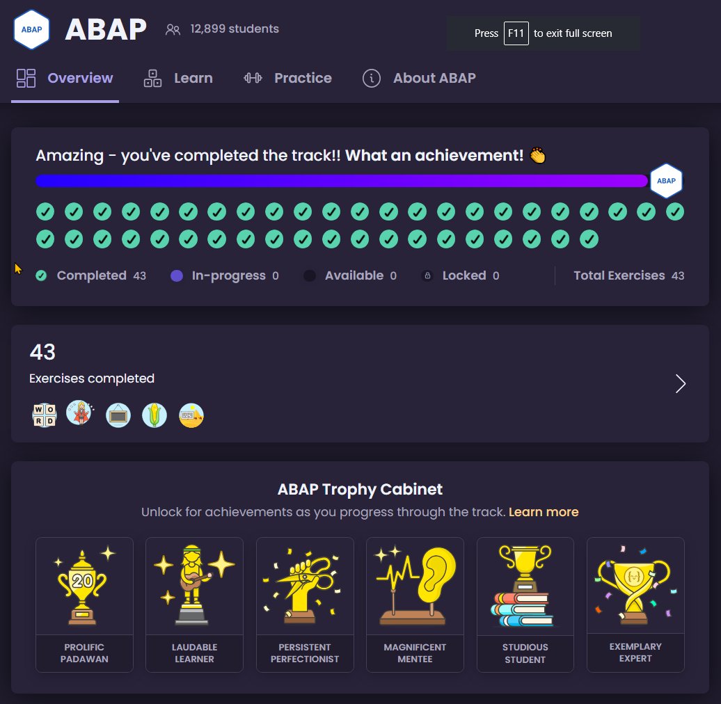 Marc Bernard π (@marcfbe) on Twitter photo Have you collected all ABAP trophies <a href="/exercism_io/">Exercism π</a> ?
My cabinet is complete π
exercism.org/tracks/abap Have you collected all ABAP trophies <a href="/exercism_io/">Exercism π</a> ?
My cabinet is complete π
exercism.org/tracks/abap
