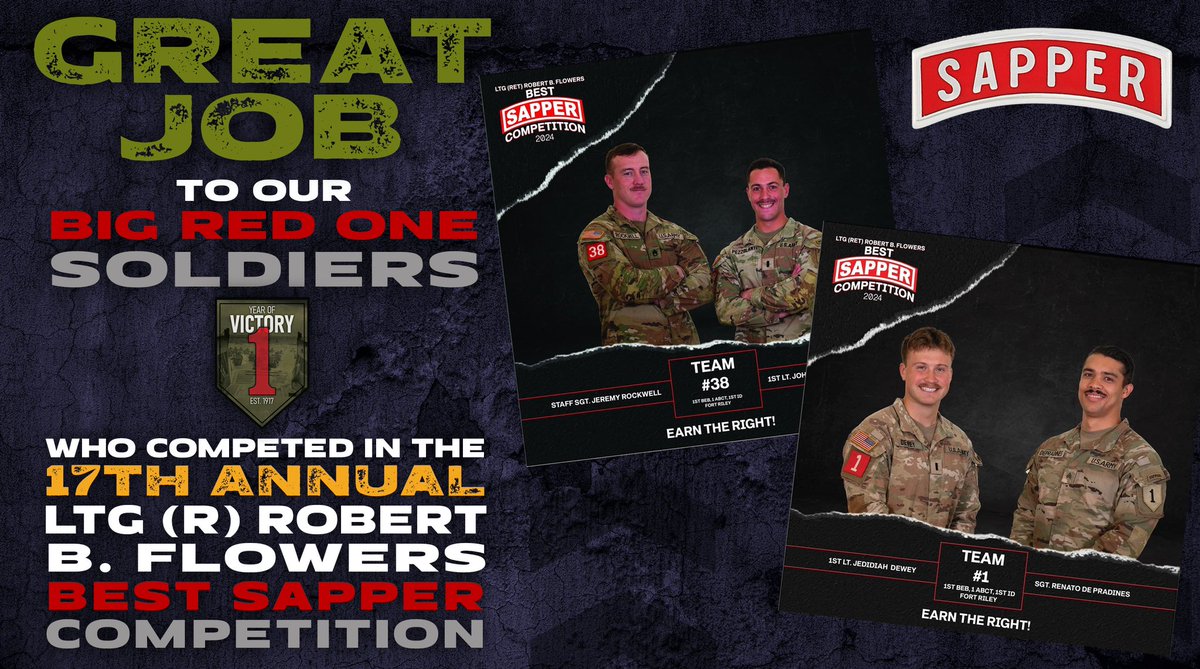 FightingFirst's tweet image. #BestSapper | Great job to our Big Red One Soldiers who competed in the 17th Annual LTG (R) Robert B. Flowers Best Sapper Competition! Congratulations to Team 1 placing 9th overall! #DutyFirst