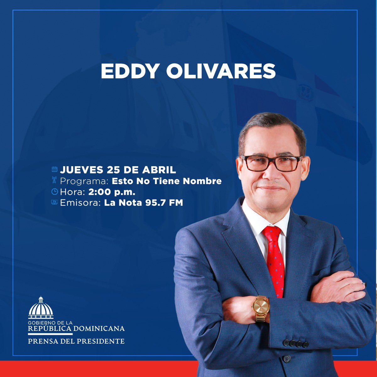 NilianReynoso's tweet image. Este jueves 25 de abril ea las 2:00 p.m. no te pierdas la entrevista de @EddyOlivares14 , en el programa esto no tiene nombre  por la @LANOTA957FM 
@rcavada 

#EstoEsCambio 
#RDavanza🇩🇴
#VieneLoMejor🇩🇴
#LogrosDelCambio
#ElCambioSigue

¡Acompáñanos