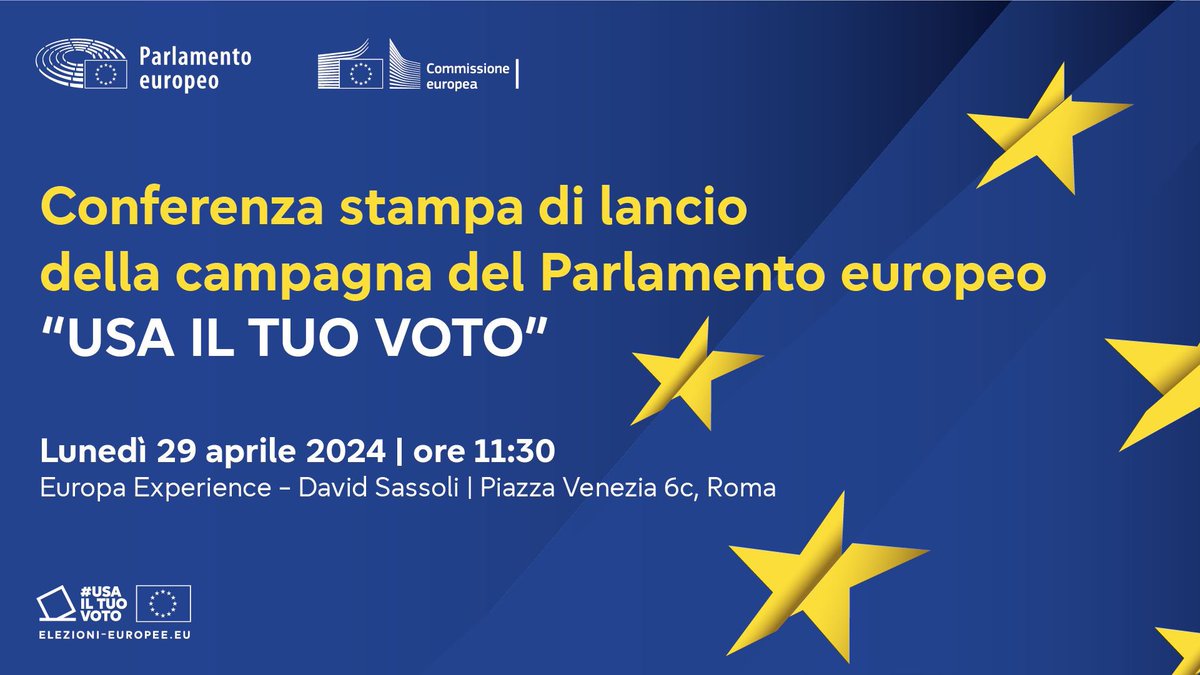 🔵🎙️🇪🇺Lunedì 29 aprile, conferenza stampa di lancio della campagna istituzionale per le #europee2024. 

🎬🇪🇺 Presentazione del video della campagna Usa il Tuo Voto e delle iniziative dal 9 maggio fino alle elezioni. 

ℹ️ rome.europarl.europa.eu/it/news/press-…

#UsaIlTuoVoto