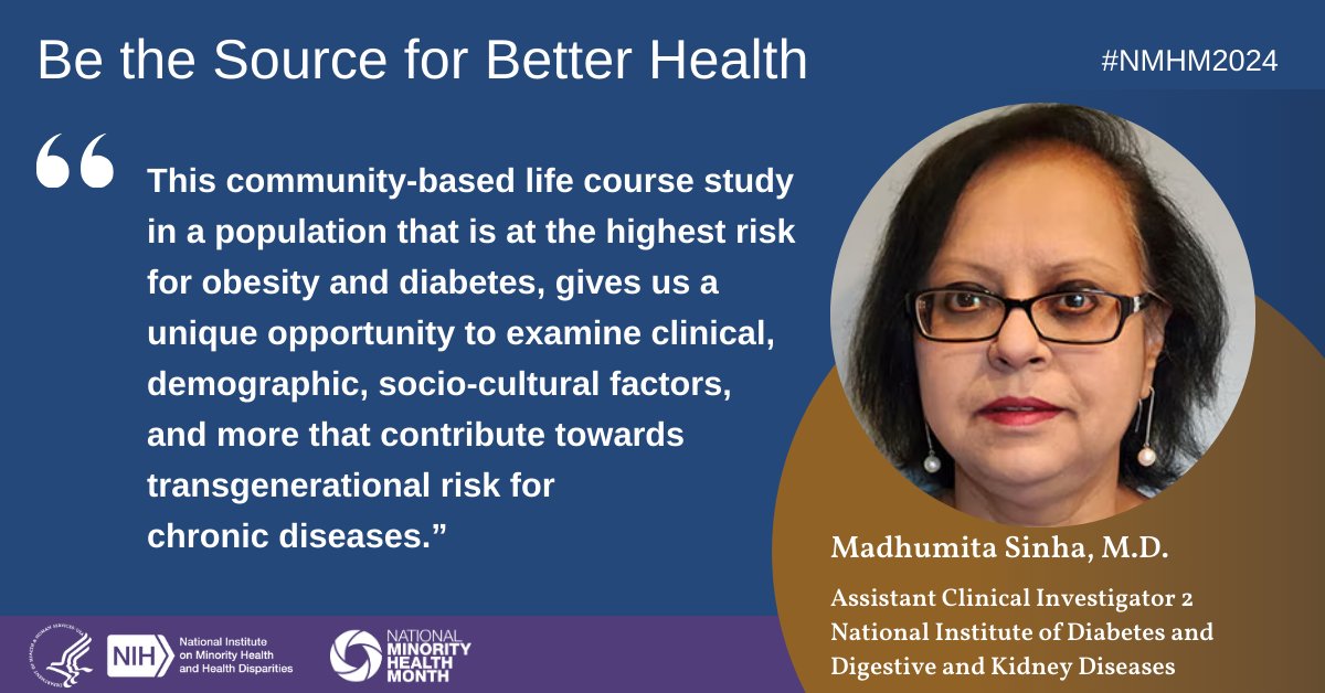 #NMHM2024 spotlight: Dr. Sinha is a #SourceforBetterHealth! Her community-engaged maternal-child health study works with a population at high risk for obesity and diabetes in Phoenix, AZ, a unique opportunity to understand transgenerational risk for chronic disease. 
@NIDDKgov