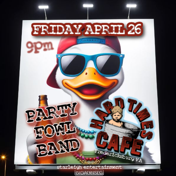 🎉🎸 Get ready to rock this Friday Night! 🎸🎉

Clayton "The Party Fowl" and his band are hitting the stage at Hard Times Cafe in Fredericksburg, VA! 🦆🎶 Don't miss out on an electrifying night full of live music and unforgettable vibes. The party kicks off at 9 PM on April 26th