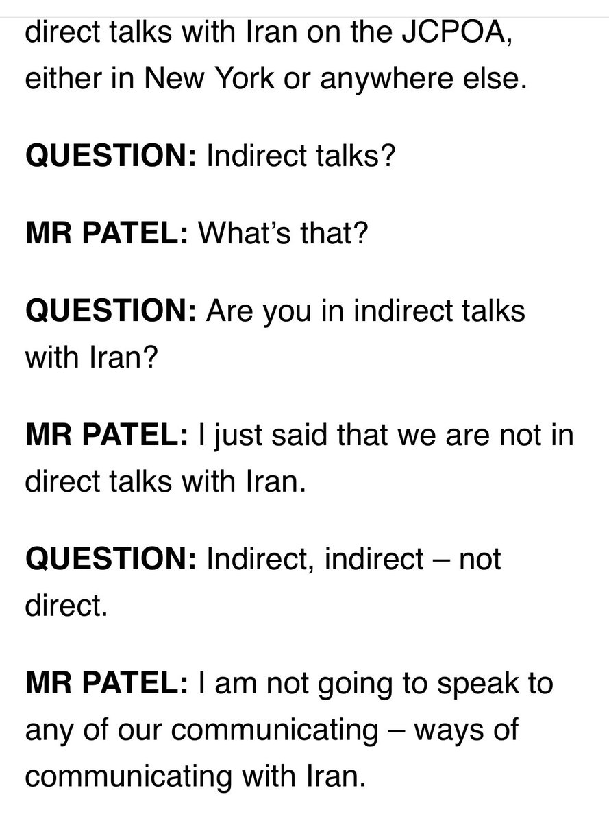 .⁦@StateDeputySpox⁩ won’t confirm whether the U.S. is indirectly talking to Iran about a new nuclear deal.