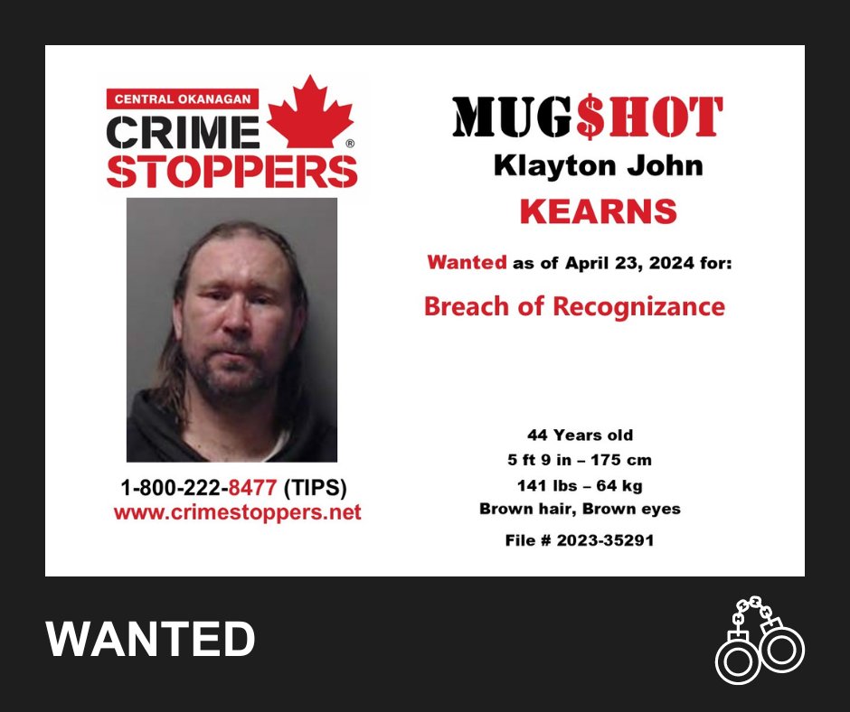 Klayton Kearns has the honour of being our #FugitiveFriday suspect.  Kearns is wanted for breach.  Know him? You could earn a cash reward for your #anonymous information.  Call 1-800-222-8477 or leave a tip at crimestoppers.net