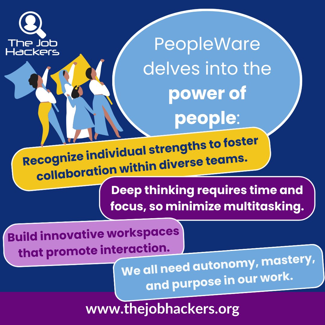 thejobhackers's tweet photo. 1/11📚 Dive into "Peopleware: Productive Projects and Teams" by Tom DeMarco &amp; Timothy Lister that argues tech failures are often not about code but culture! #TheJobHackers #AgileMBA #TJHAlumni #PeopleWare #AgileMindset #AgileProjectManagement #Leadership https://t.co/NBnlVmFypa