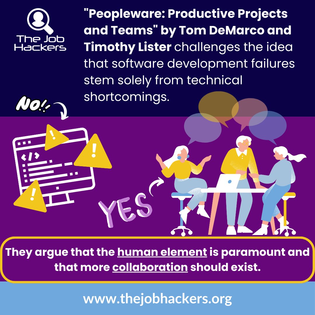thejobhackers's tweet photo. 1/11📚 Dive into "Peopleware: Productive Projects and Teams" by Tom DeMarco &amp; Timothy Lister that argues tech failures are often not about code but culture! #TheJobHackers #AgileMBA #TJHAlumni #PeopleWare #AgileMindset #AgileProjectManagement #Leadership https://t.co/NBnlVmFypa