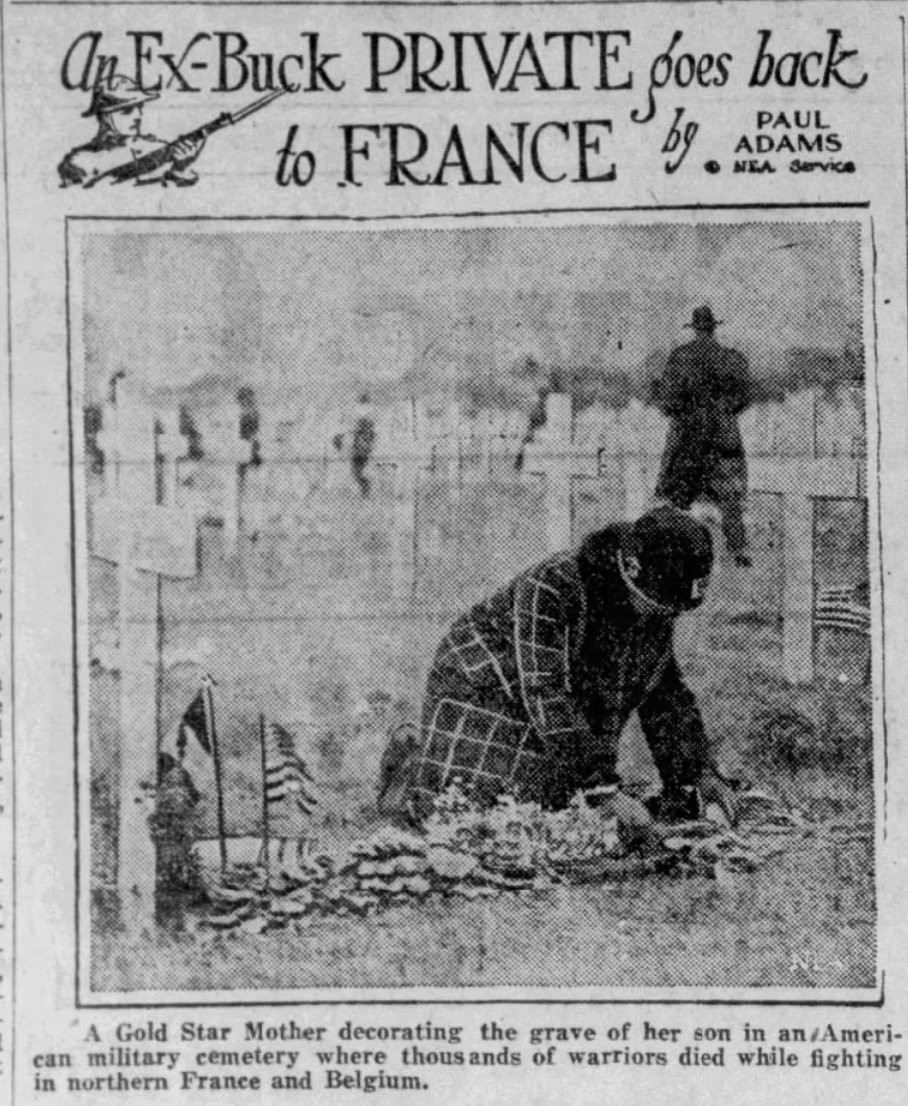 1/2 In the spring of 1927, US veteran Paul Adams was sent to France to write 100+ articles about his experiences (re)visiting #battlefields as well to set the stage for the 1927 American Legion #pilgrimage. On 6 May, he writes about an American mother visiting her son's grave.