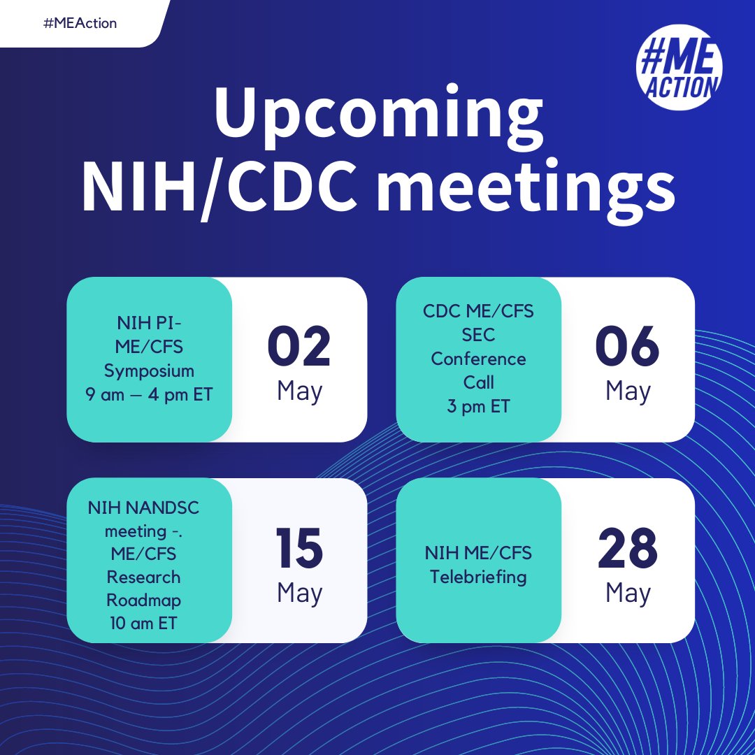 May is a busy month for our community! We wanted to help everyone out by gathering these important US government dates for NIH and CDC meetings -May 2, 6, 15, & 28. #MillionsMissing week is May 3- 12 and #WorldMEDay is May 12th. #pwME #MECFS #NIH #CDC Thread with links ⬇️