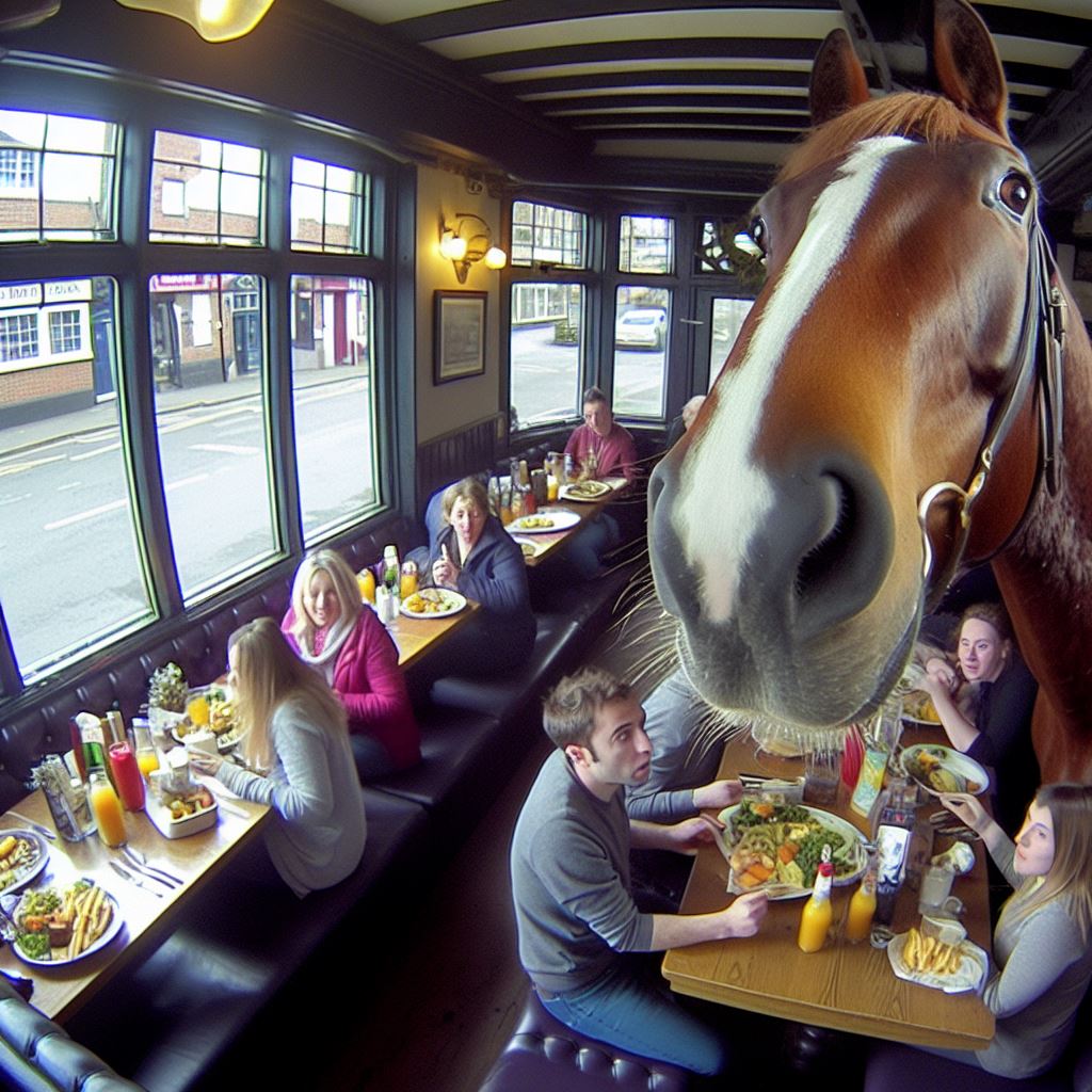 CHILLING MOMENT a fugitive cavalry horse entered a central London pub restaurant and stole £78 worth of roast goods from terrified diners.