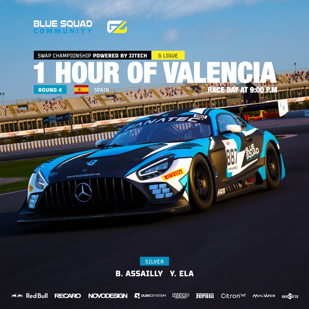 raceesportteam's tweet photo. [RACE DAY]

➡️ Ce soir, avant dernière manche de la Swap Cup by @GLigue_ 🤩

Nos 2 équipages, en grande forme sur ce championnat, ont posé leurs valises sur le circuit de Ricardo Tormo 🇪🇸

La course au titre est plus que jamais lancée, bonne chance messieurs ! 💪🏻

#ForzaBlueSquad https://t.co/DhwPIt6fr0